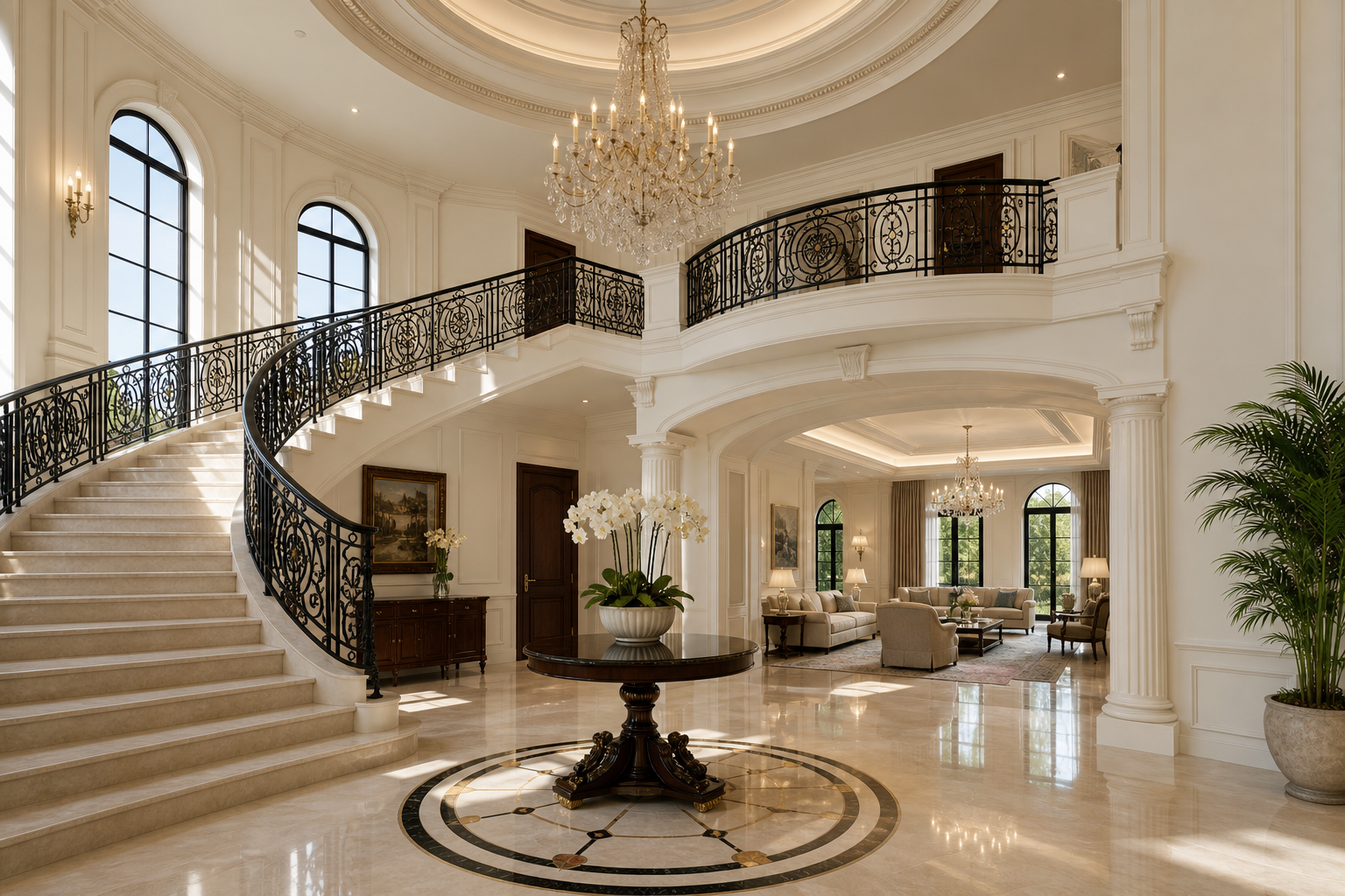 Grand double-height foyer with curved staircase and chandelier