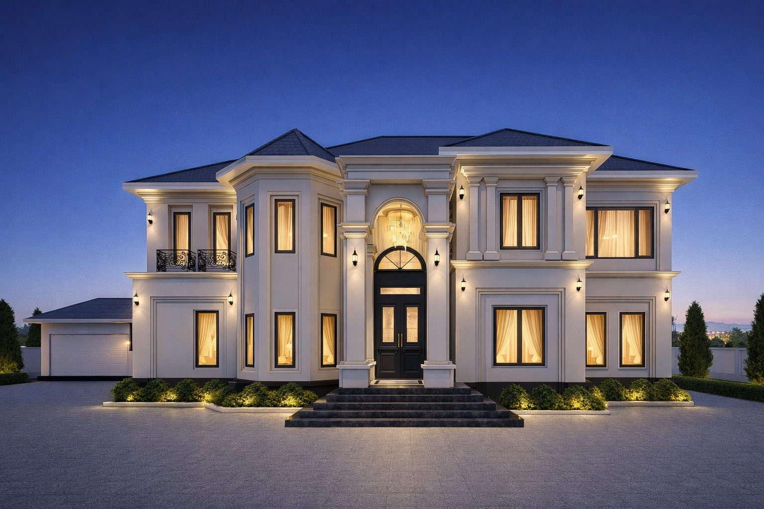 Front elevation of a two-story neoclassical luxury villa at dusk