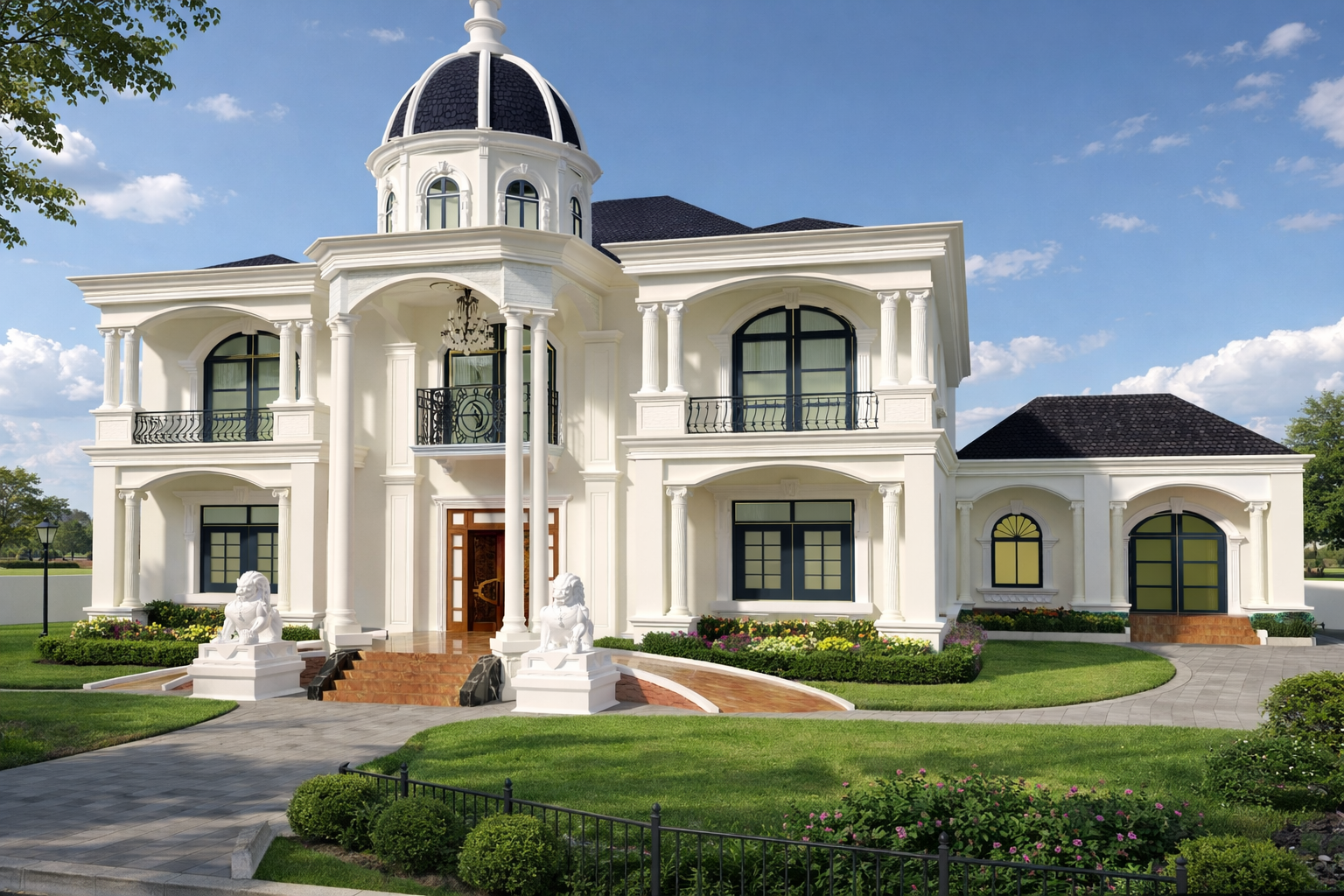 Front view of a grand domed neoclassical luxury villa